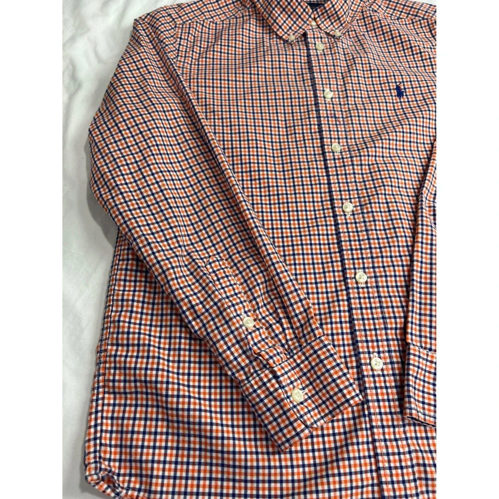 Ralph Lauren Button Down Kids Shirt Size L 14-16 Orange Blue Gingham Classic A57